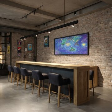 Brick wall and bar stools enhance a stylish modern rec room entertainment area
