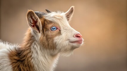 Fototapeta premium A curious and captivating baby goat with bright blue eyes in a warm, soft focus shot.