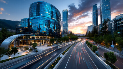 Fototapeta premium Road to city with skyscrapers, office buildings and houses. Vector cartoon urban landscape with empty suburban highway, green grass and modern town on skyline. Summer cityscape