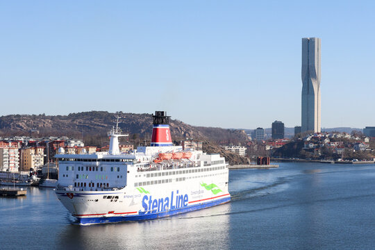 Gothenburg / Sweden, Mar 21, 2025: Stena Line ferry with Karlatornet
