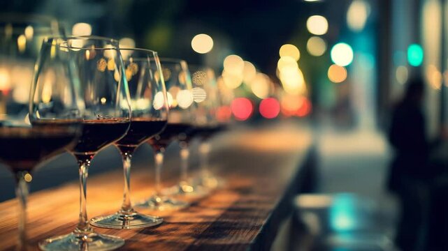 Multiple wine glasses filled with red wine arranged in a row along a wooden surface, set against a colorful city night scene with blurred lights