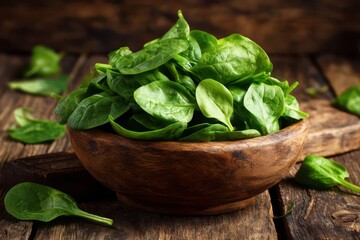 Fresh green spinach leaves overflowing a wooden bowl placed on a rustic wooden table, symbolizing healthy eating, organic gardening, and nutritious vegetarian