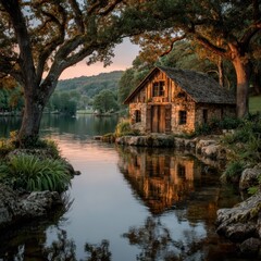 Obraz premium Rustic stone cabin reflects in calm lake waters surrounded by lush trees