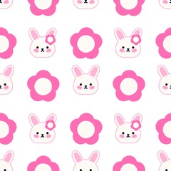 Cute seamless pattern with kawaii bunny faces and pink flowers. Adorable and playful design perfect for kids, baby products, fabric, wrapping paper, or digital backgrounds.
