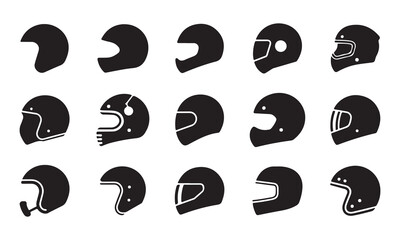 A set of various motorcycle helmet silhouettes, showcasing different designs and styles on white background