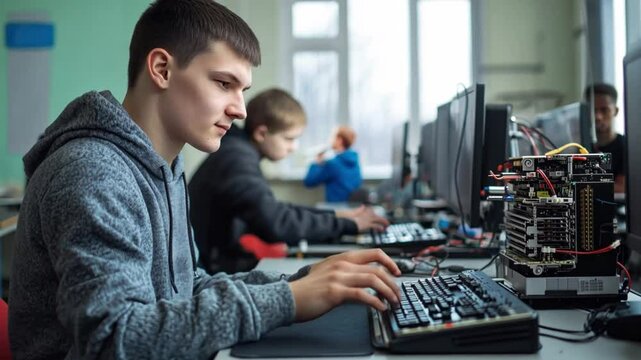 Team of focused young programmers typing and testing code on custom pc builds in a collaborative workspace