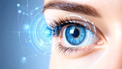 Womans eye with digital scan, and future tech.