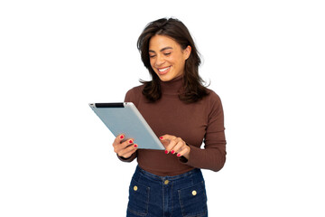 Woman browsing digital tablet, transparent background showcasing sleek technology for seamless graphic design integration