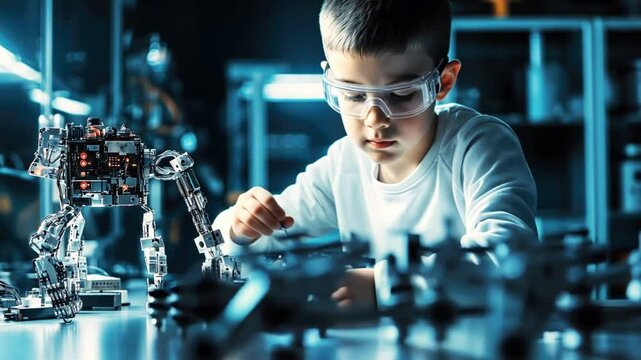 Curious child assembling robot in modern lab with precision and focus
