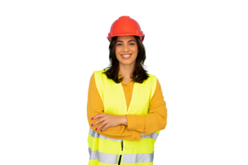 Confident female engineer smiling with crossed arms, wearing safety vest and hardhat, isolated on transparent background, ready for work