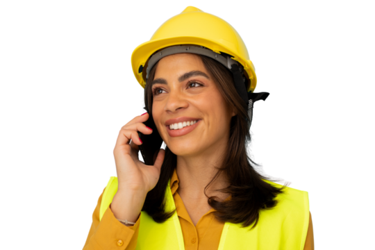 Cheerful woman architect wearing safety helmet and vest using mobile phone, isolated on transparent background