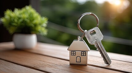 House shaped keychain and keys on wooden table