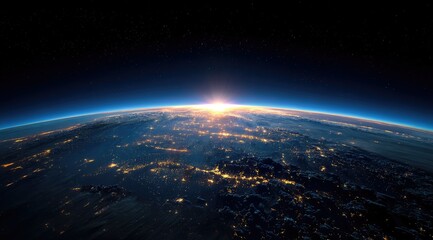 Obraz premium Earthrise panorama showcasing a sun rising over a dimly lit, sprawling landscape viewed from space, with a visible atmospheric layer