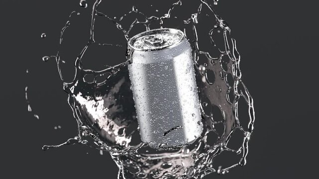 330ml soda can falling splash slow motion, depth of field