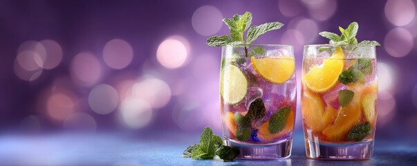 Colorful cocktails with citrus fruits and mint in clear glasses, set against a sparkling purple bokeh background.