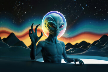 Mysterious Alien Emerges from Cosmic Landscape at Dawn with Luminescent Aura