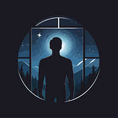 Starry Soul Silhouette Vector &ndash; Person with Window Chest and Night Sky Inside, Symbol of Dreams and Depth