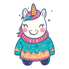 Obraz premium cute little unicorn in cozy winter sweater isolated vector illustration
