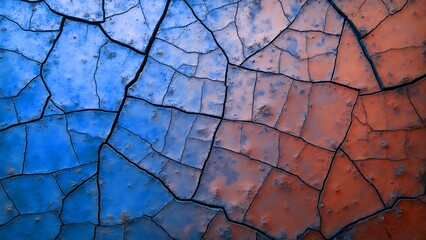Abstract cracked surface with blue and orange color tones illustrating texture and patterns