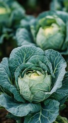 Obraz premium Close-up of cabbage in the garden. Useful for articles about agriculture, gardening and healthy eating.