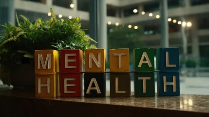 Colorful blocks spelling "MENTAL HEALTH" sit on a windowsill next to green plants in a modern indoor setting.