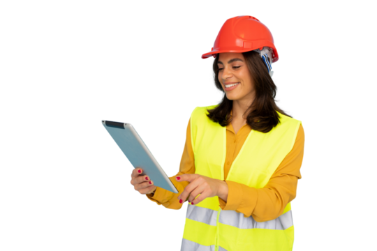 Happy female architect wearing safety helmet and vest using digital tablet on transparent background, engineering and construction concept