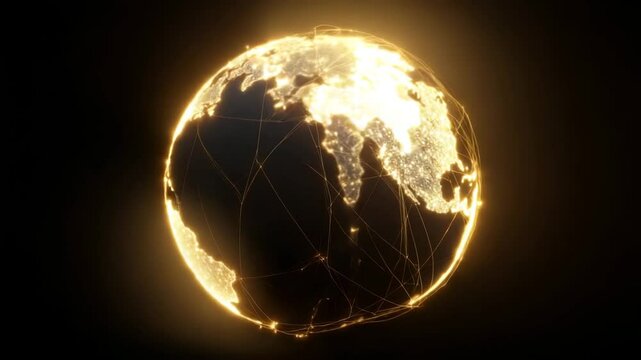 Stylized golden planet Earth with illuminated continents and connecting lines symbolizing global communication and data exchange