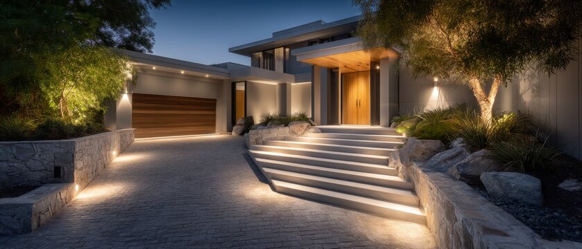 Modern home exterior at night with illuminated pathway and landscaping.