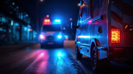 Two ambulances with flashing lights respond to an emergency on a wet city street at night.
