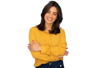 Portrait of a confident businesswoman smiling with crossed arms on a transparent background, ready...