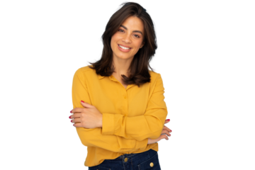 Portrait of a confident businesswoman smiling with crossed arms on a transparent background, ready to be used in any project
