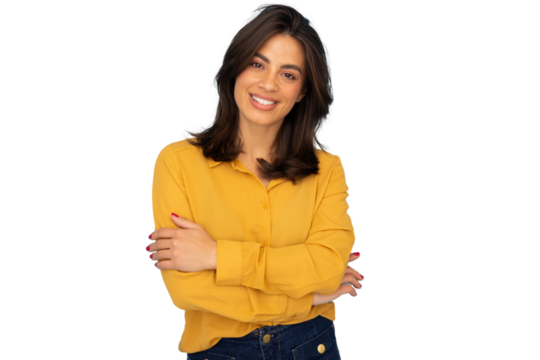 Portrait of a confident businesswoman smiling with crossed arms on a transparent background, ready to be used in any project