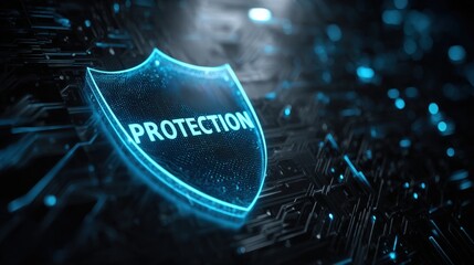 A glowing digital shield labeled "PROTECTION" symbolizes cybersecurity and data defense in a futuristic, tech-inspired environment.