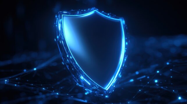 A glowing blue digital shield symbolizes cybersecurity and protection in a high-tech, futuristic environment.
