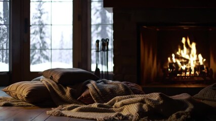 winter fireplace, Cozy scene with blankets and pillows in front of fire showing warm relaxing home vibe