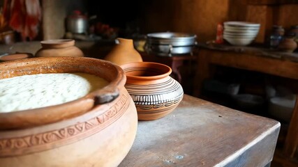 A steaming clay pot filled with creamy rice porridge on a rustic wooden table in a traditional kitchen setting. - Powered by Adobe