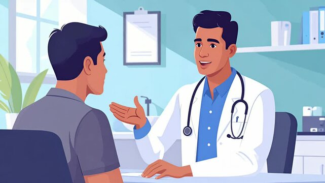 Doctor explaining to patient in office, cartoon style
