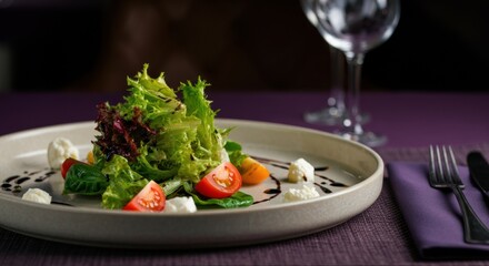 Fresh garden salad with tomatoes and cheese on a stylish plate