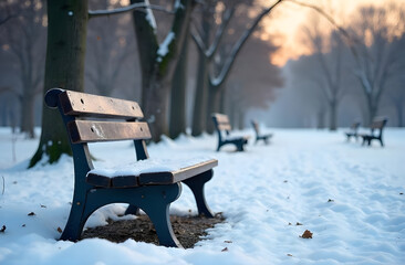Empty benches in the park in the winter, feeling of loneliness, snow weather 