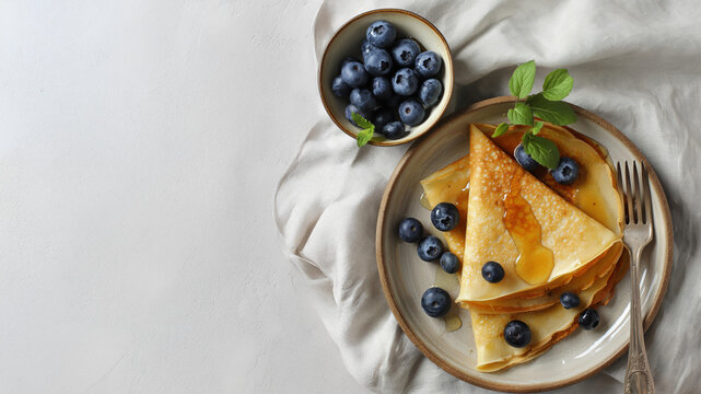 Crepes with Honey and Blueberries — Elegant Brunch Concept.
