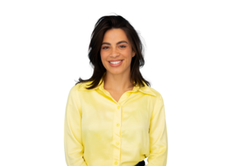 Studio portrait of a businesswoman wearing a yellow shirt, smiling on a transparent background