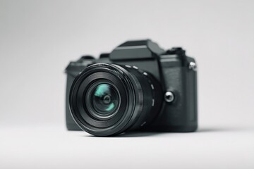 A sleek, black DSLR camera rests on a light grey surface, its large lens prominent, hinting at professional photography capabilities.  
