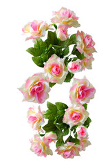 Pink rose flowers in a floral arrangement on white background.