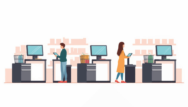 Modern self-checkout area in cashierless store, retail innovation