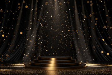  Golden stage podium with spotlight and sparkles — Award Ceremony Concept.

