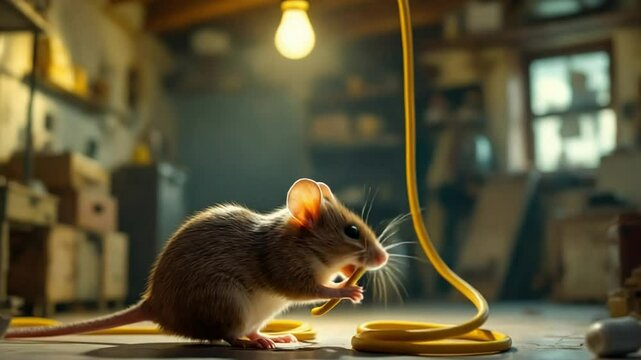 A mouse gnaws on a yellow electrical cord under a glowing lightbulb in a dimly lit workshop