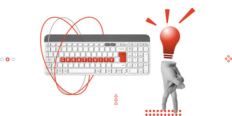 Creativity, Idea, Brainstorming, Creative thought and content flow concept. Red Creativity lettering on keyboard next to walking hand with light bulb - symbol of ideas. Minimalist art collage