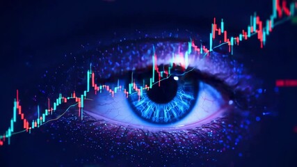 Close-up of a human eye with digital financial graphs illustrating market trends and data analysis - Powered by Adobe