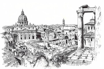 Black and white ink sketch of Rome with ancient ruins near city parks and modern buildings