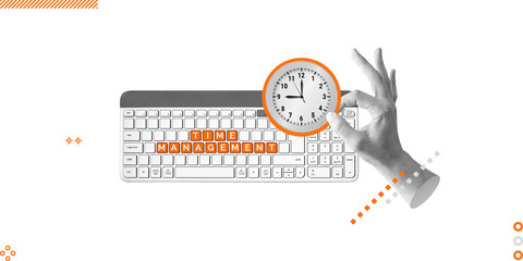 Time management, task organisation, working time, planning in digital environment. Orange inscription Time Management on keyboard, hand holding clock. Work-life balance. Minimalist art collage